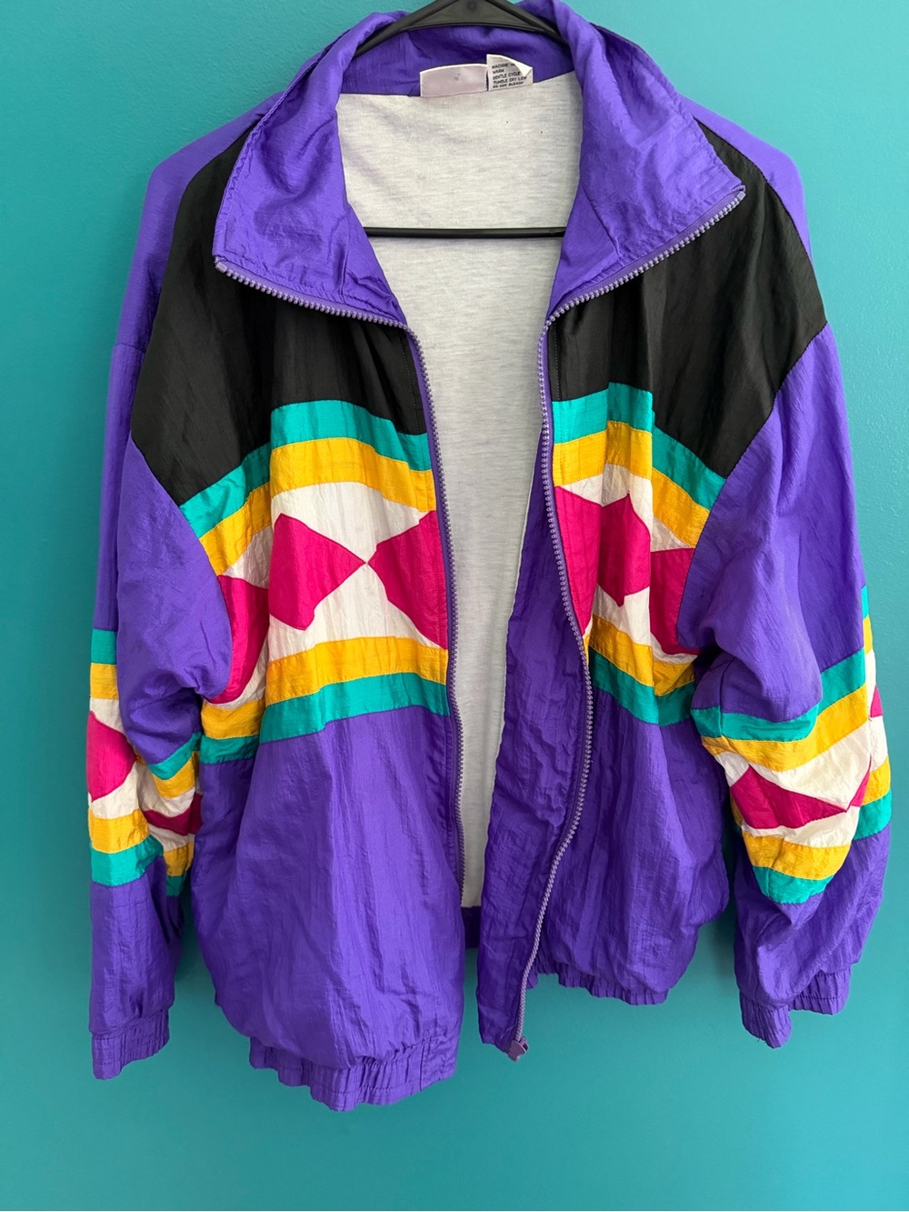 Vintage Purple Colorblock Bomber Jacket with Teal & Yellow Accents